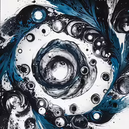 a black and white artwork with blue accents