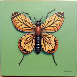 an artwork work of a butterfly on a green background,a decorative wall decoration featuring a yellow butterfly