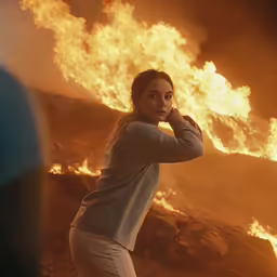 a woman standing next to fire with one hand on her head