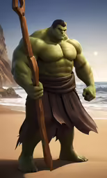 a cartoon avatar of an orc in front of the ocean