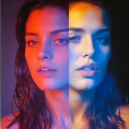 two beautiful women staring into the distance with colorful lighting on them
