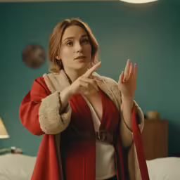 the woman in the red cape is pointing her finger