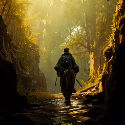 two people on horseback are on a trail in the woods