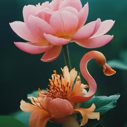two flowers with one large pink flower and the other green one