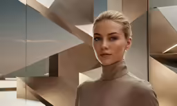 the woman is standing against a wall with an artistic pattern