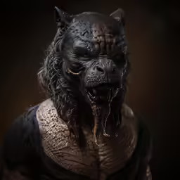 the beast with wet fur has its mouth open