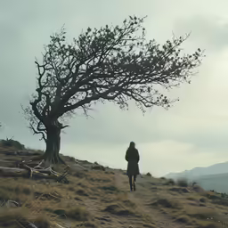 a person standing next to a large tree on top of a grass covered field