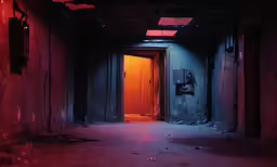 an empty room with red lights and no doors