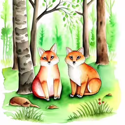 two red foxes are sitting next to each other in the woods,an illustration of two foxes in the forest,two foxes are sitting in the woods,a watercolor painting of two foxes standing in the woods,two foxes are in the woods on a sunny day