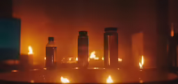 bottles lit up with candles beside them
