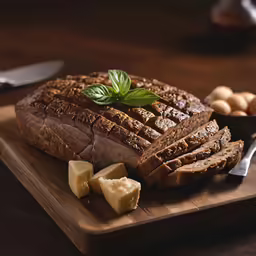 some sliced meat on a cutting board and a spoon