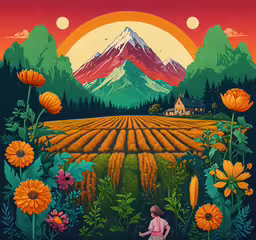 a painting of a woman in a field with flowers,a woman standing in a field of yellow flowers with the sun setting in the background