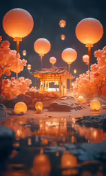 an asian lantern festival with a shrine surrounded by lit up trees and lanterns