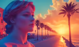 the woman looks out over the ocean with a sunset in the background