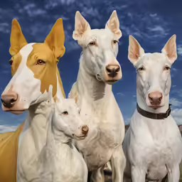 a group of three white dogs standing next to each other