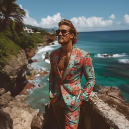 a man standing next to the ocean wearing a suit,a man in a suit and sunglasses standing on the rocks