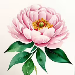 a painting of a flower with green leaves,watercolor peonie with green leaves on white background