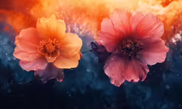 two orange and pink flowers are in front of a black background