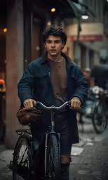 man wearing jacket and cap riding bicycle through city streets