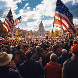 a crowd of people standing around and waving flags