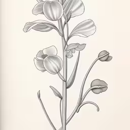 an ink drawing of three flowers on a white background,a pencil drawing of a tall flower with long petals