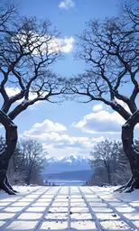 a snowy scene of two trees in a park