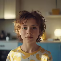 a woman with short hair standing in a kitchen