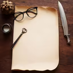 a piece of paper with a magnifying glass, pen, knife and some condiments on it