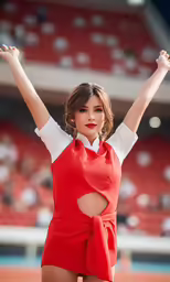 a girl posing in red and white in a stadium