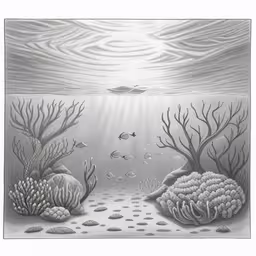 a drawing of some coral reefs and plants on a body of water