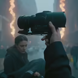 a man holding a video camera in the foreground with a woman in background, and a blurry street scene in the distance