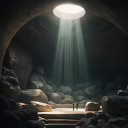 a cave with light shining from a hole in the ground
