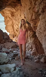 a woman in a pink dress stands by some rocks
