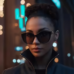a woman wearing black glasses and a black jacket