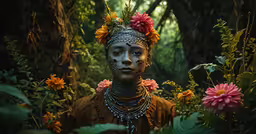 a person standing in a forest with flower decorations on their head