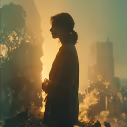 a person standing in the middle of a burned forest