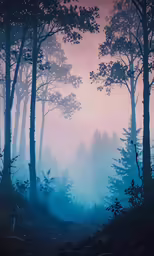a painting of a forest full of tall trees