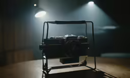 an antique camera sitting on top of a wooden table