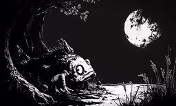 a black and white painting of an animal looking up at the moon