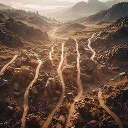 a wide winding road in the middle of a rocky mountains