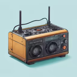 the brown radio is sitting on a blue background