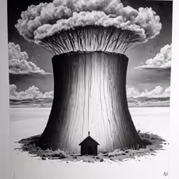 a black and white drawing of a house in front of a structure with clouds, smoke and snow