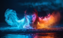 girl on a cloud covered body of water surrounded by clouds