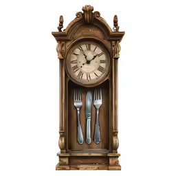 an old wooden clock with silverware on it