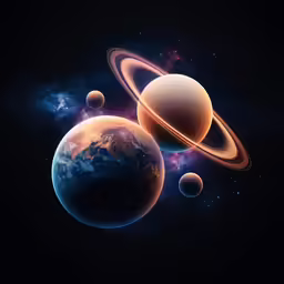 three planets with their rings in the dark