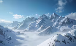 a snowy mountain range covered in a fog