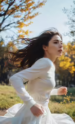 a woman wearing a long white dress running through the grass