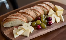bread, grapes, cheese and crackers arranged on a cutting board