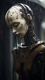 a statue wearing an old, worn up armor and hat,a female mannequin in heavy equipment standing in the rain