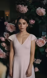 a woman in a white dress poses in front of pink flowers